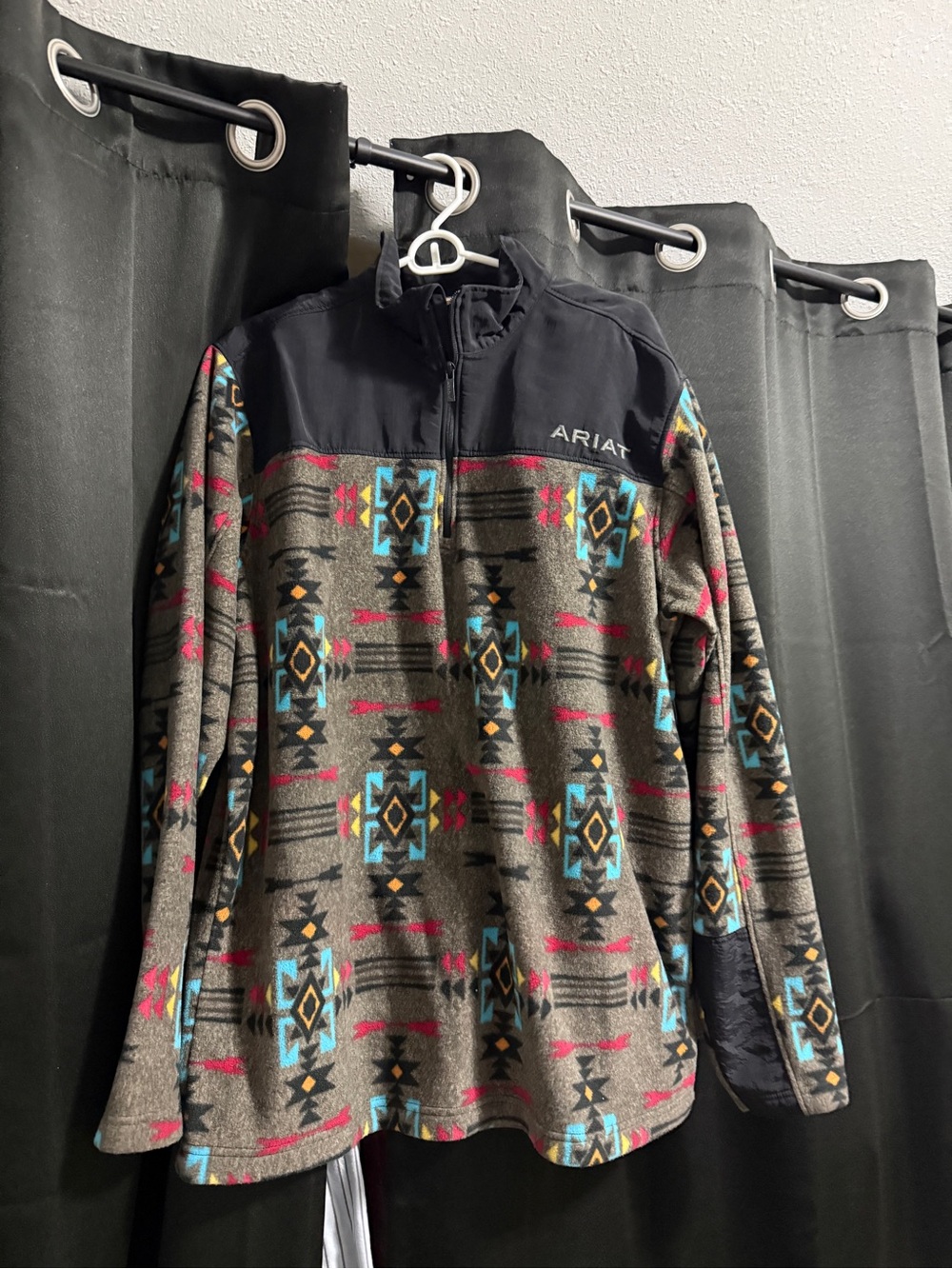 Ariat Aztec-Patterned Quarter Zip Pullover - Gray with Turquoise & Pink Accents